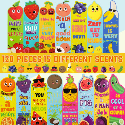 Fainne 120 Pieces Scented Bookmarks Cute Fruit and Sniff Bookmarks for Kids for Educational Office School Students Reader Supplies, 15 Scents