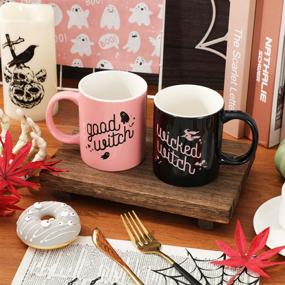 JarThenaAMCS 2Pcs Halloween Mugs Wicked Witch Coffee Mug Pink Black Ceramic Drinking Cup for Halloween Party Supplies Table Centerpieces, 12oz