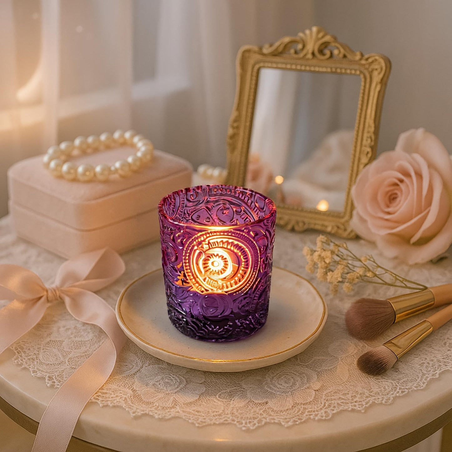 Purple Sun Moon Stars Glass Tealight Holders, 12 Pack