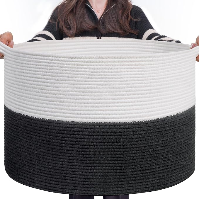 INDRESSME Large Cotton Rope Baskets for Storage, 21.7 x 13.8 Blanket Storage for Living Room Toy Baskets Kids, Baby Laundry Basket for Dirty Clothes, Pillows, 90L White & Black