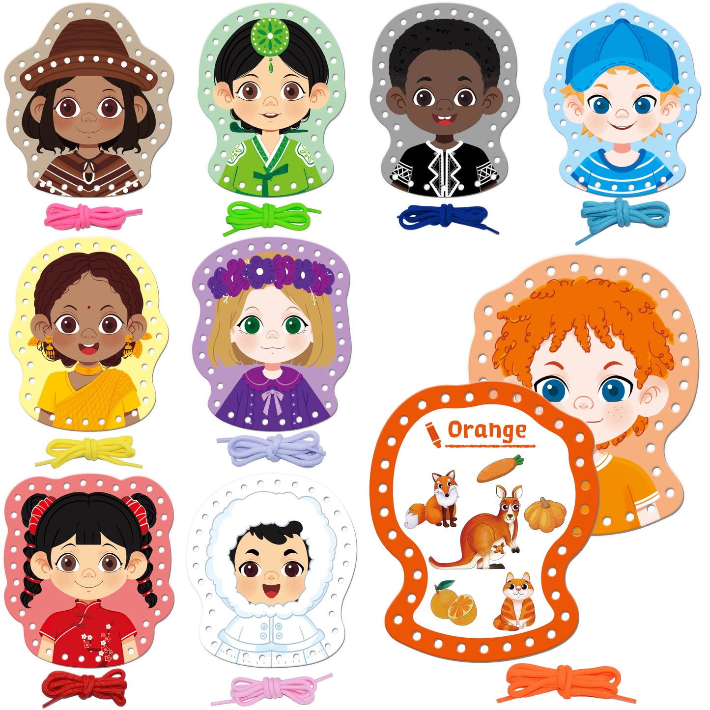 SpriteGru 9 Pieces Happy Face Lacing Cards, 9 Double Sided Color Sewing Cards with 9 Colorful Laces, Educational & Learning Activity Games, Imagination Development Lacing Toys for Preschoolers, Kids
