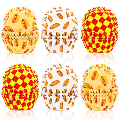 FYSUIMU 300Pcs Hotdog Cupcake Liners Hot Dog Day Baking Cups Standard Muffin Cupcake Wrappers for Summer Holiday Birthday Theme Party Supplies
