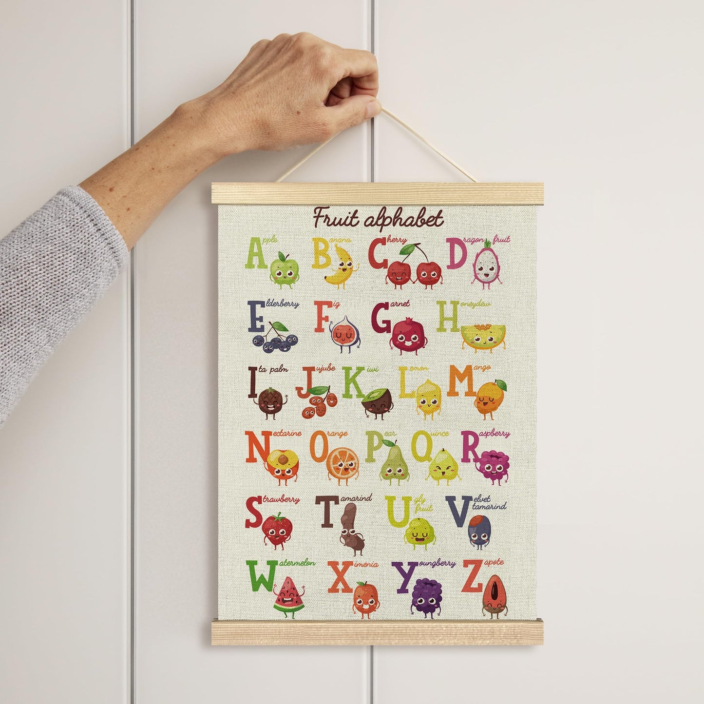 BCUANGD ABC Kids Wall Art - Fruit Alphabet Educational Wall Decor Poster Hanger with Wood Frames, Cute Classroom Wall Hanging Canvas Decor for Playroom Nursery Toddler Kids Room, 12x16 Inches