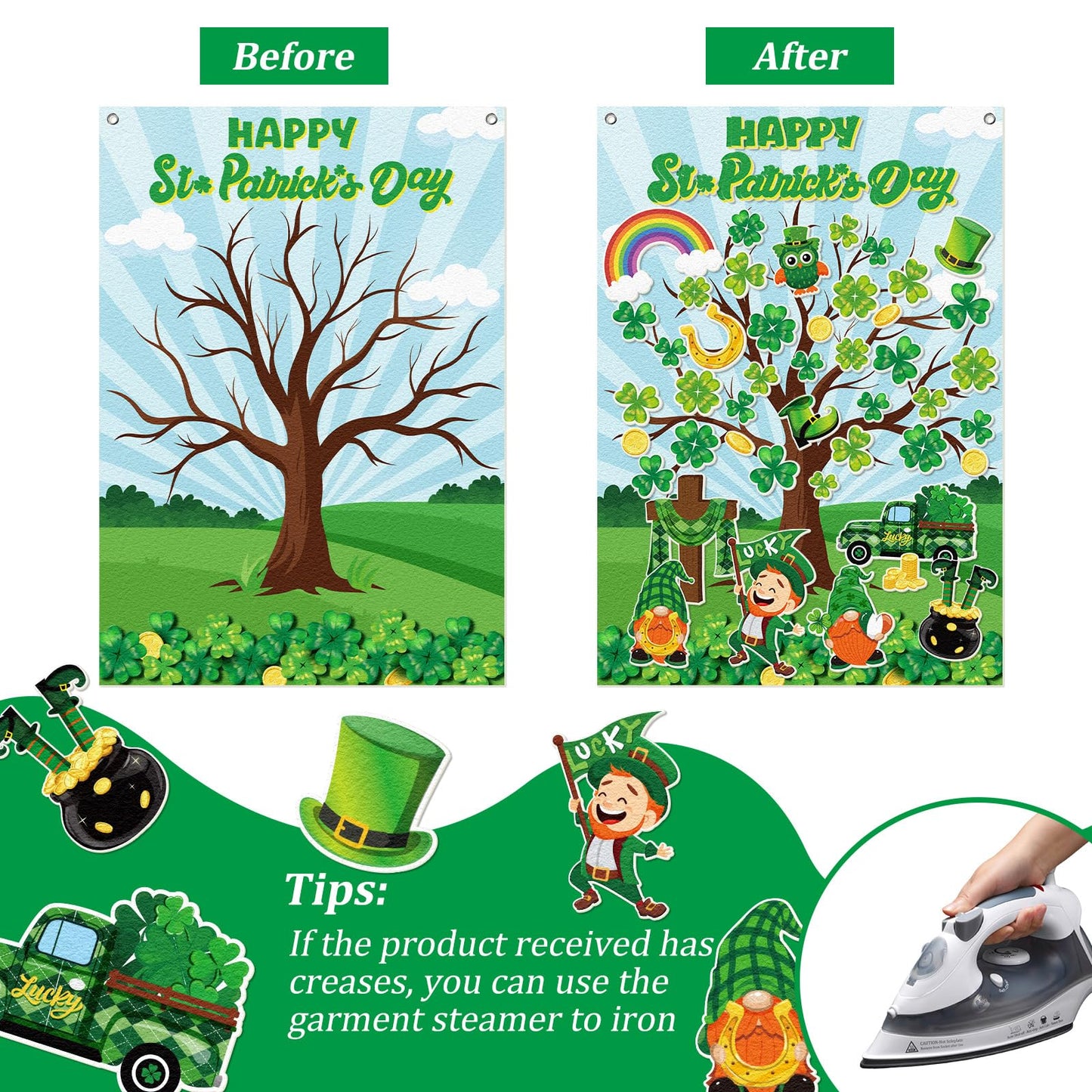 Cinrobiye St. Patrick's Day Shamrock Felt Tree Bulletin Board Kit DIY Classroom Church Religious Crafts Irish Holiday Decorations Kids Activity Supplies