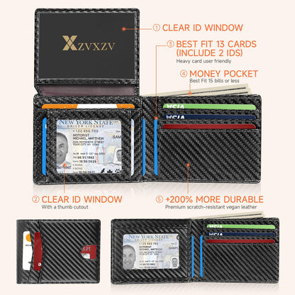 XZVXZV Men's Ultra Thin Wallet Leather RFID Blocking Bifold Stylish Wallet with Slim Minimalist Front Pocket 2 ID Windows (Carbon Black)