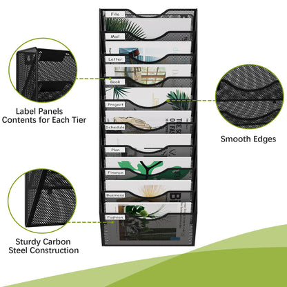 EasyPAG 10 Pocket Mesh Wall File Organizer, Hanging Paper Folder Holder with Classify Label, Vertical Wall Mount Mail Organizer for Office Home Classroom, Black
