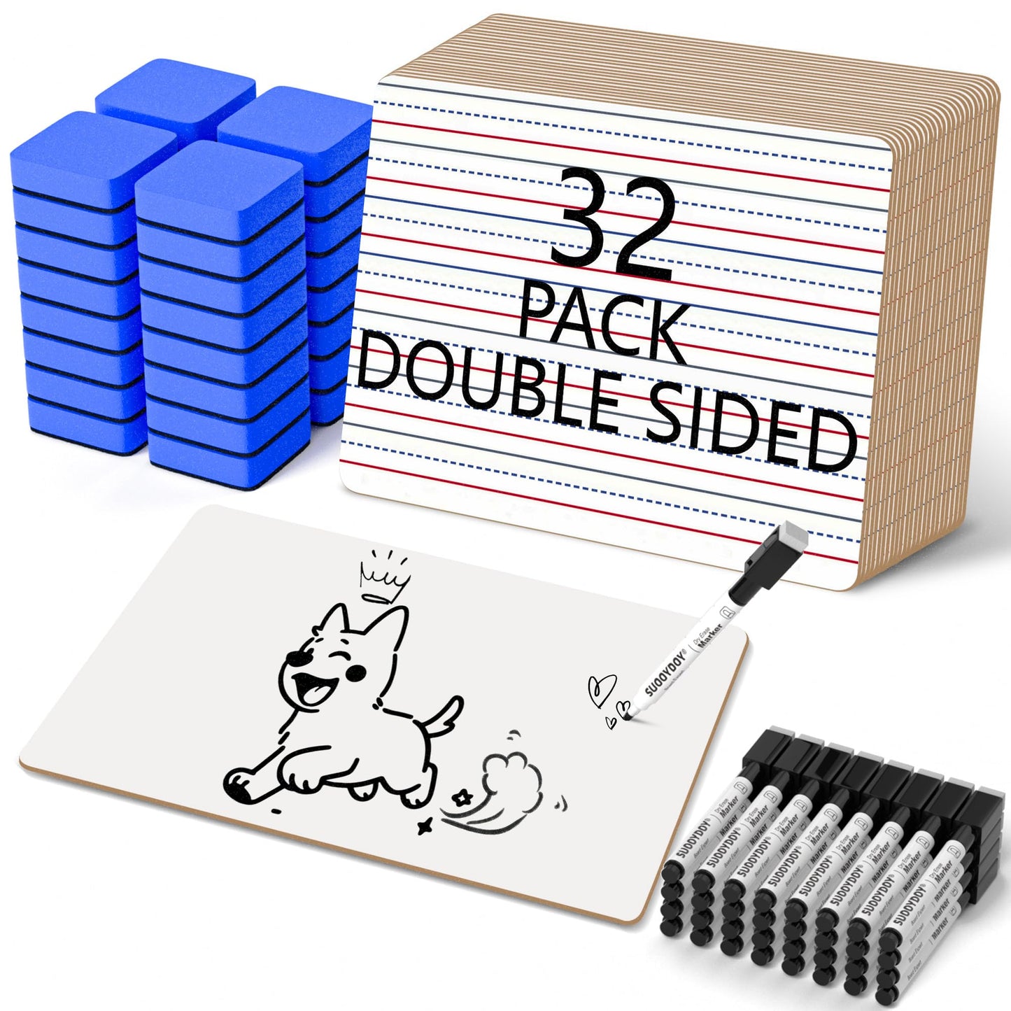 Dry Erase Boards 32 Pack, 9"x12" Double Sided Small Whiteboards with Lines for Kids, Students, Teacher & Classroom Pack, Mini Individual White Boards Lined for Writing Math English Practice