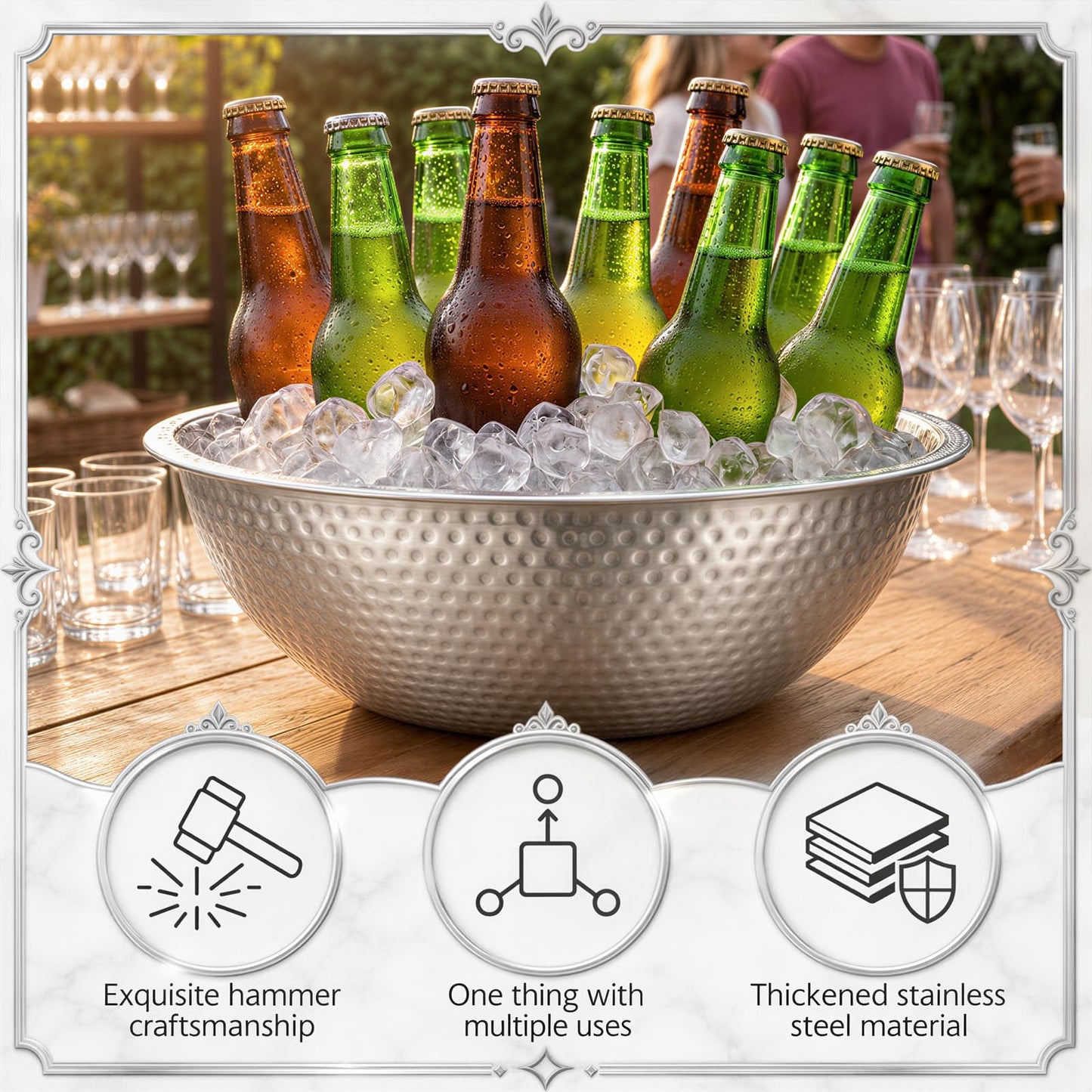 Acellegic 2 Pcs Large Silver Hammered Stainless Steel Beverage Tub 15.35x5.12 Inch, 16.4 Qt Leak-proof Ice Bucket for Parties, Champagne Wine Chiller Bowl, Luxury Drink Cooler for Wedding, Mimosa Bar