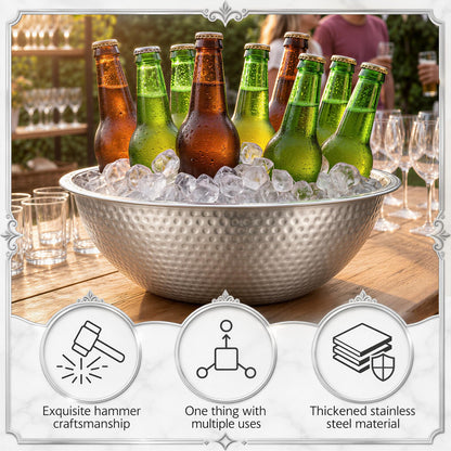 Acellegic 2 Pcs Large Silver Hammered Stainless Steel Beverage Tub 15.35x5.12 Inch, 16.4 Qt Leak-proof Ice Bucket for Parties, Champagne Wine Chiller Bowl, Luxury Drink Cooler for Wedding, Mimosa Bar