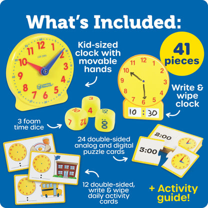 Learning Resources Time Activity Set - Kids Learning Clock, Classroom Clocks for Students, Telling Time Teaching Clock, Analog Clocks for Kids, Teaching Classroom Supplies