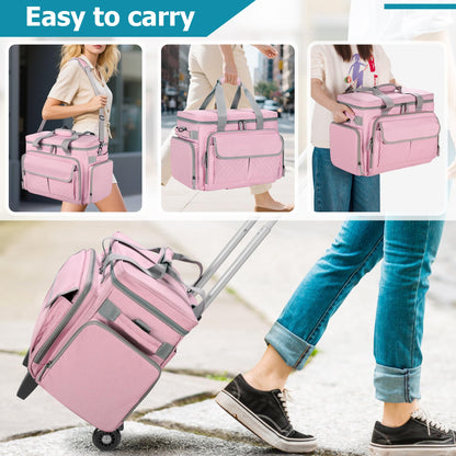 LUXJA Rolling Sewing Machine Case with Multiple Pockets, Sewing Machine Bag with Wheels and Detachable Shoulder Strap (Compatible with Most Standard Sewing Machines), Pink