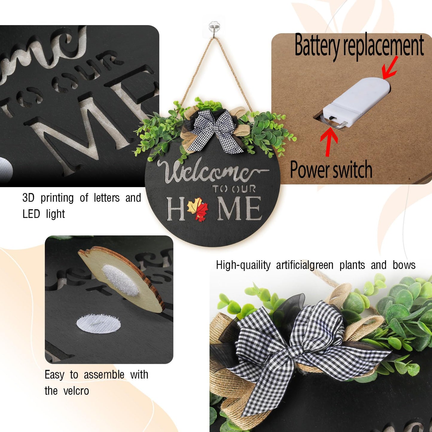 MIPON Interchangeable Welcome Sign for Front Door with LED Light, 17 Changeable Icons 3D Letters, Farmhouse Seasonal Porch Decor Hanging Sign for All Seasons Holiday Decor(Black)