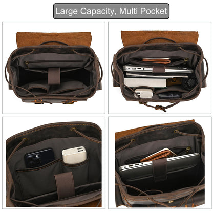 LUUFAN Genuine Leather Backpack for Men Casual 15.6 Inch Laptop Shoulder Bag Rucksack with Anti-Theft Pocket Travel Daypack, Coffee