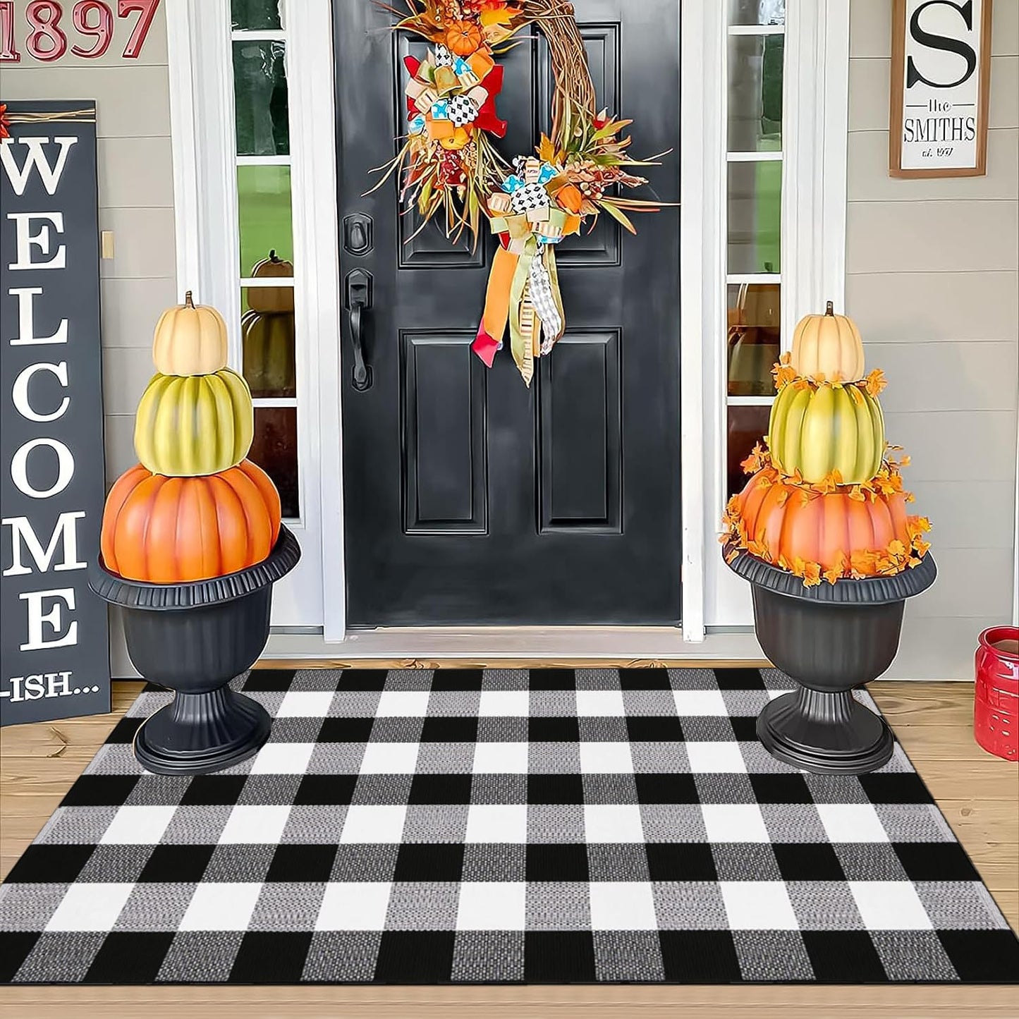YINMEIJU Buffalo Plaid Rug 3'x5' Black and White Checkered Rug Front Door Mat Outdoor Cotton Washable Front Porch Rug Layered Doormats for Front Porch/Farmhouse/Entryway