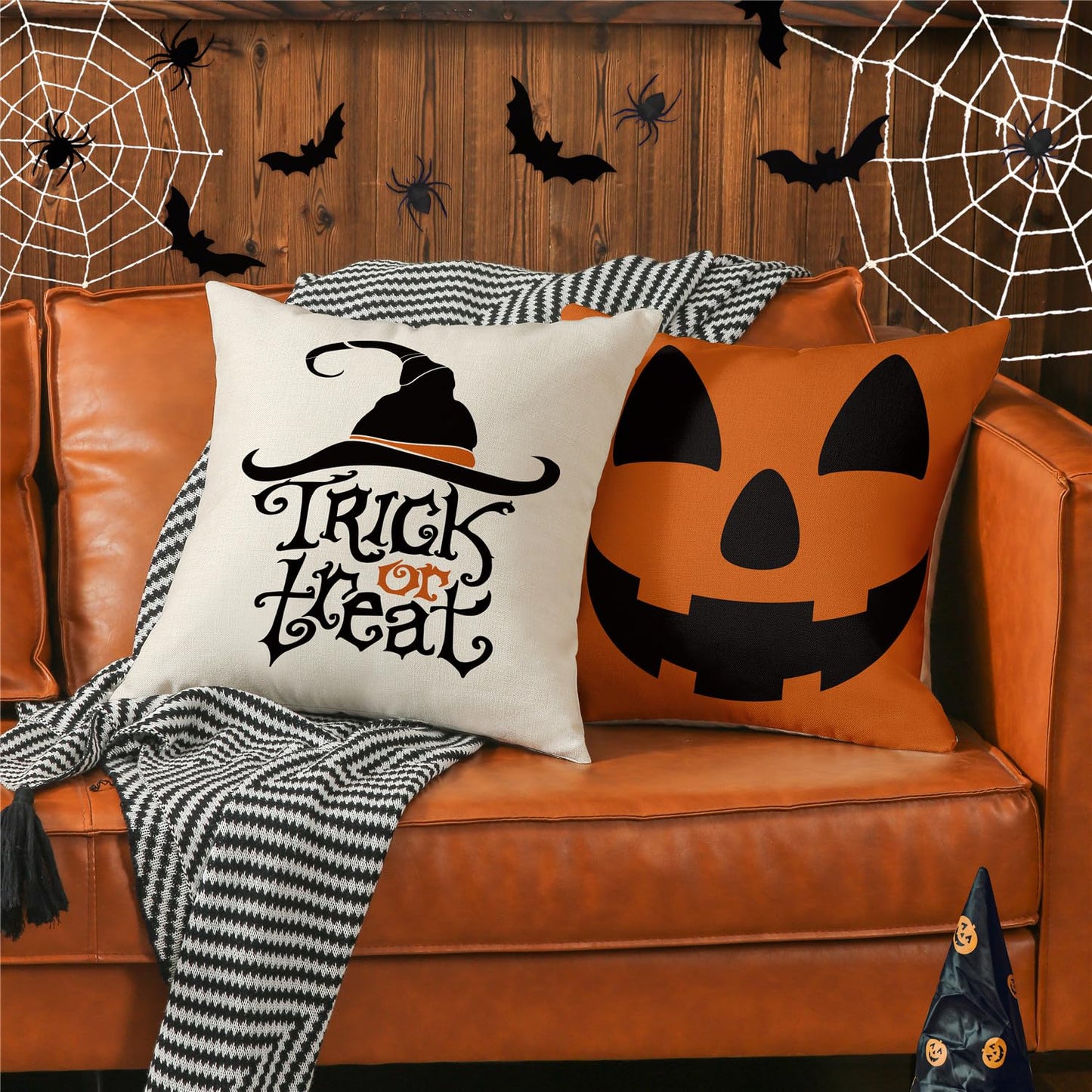 MODOVOS Halloween Pillow Covers 20x20 Set of 4 Spider Web Happy Halloween Decorations Jack-O-Lantern Pumpkin Throw Pillow Covers Witch Hat Trick or Treat Cushion Case for Sofa Couch