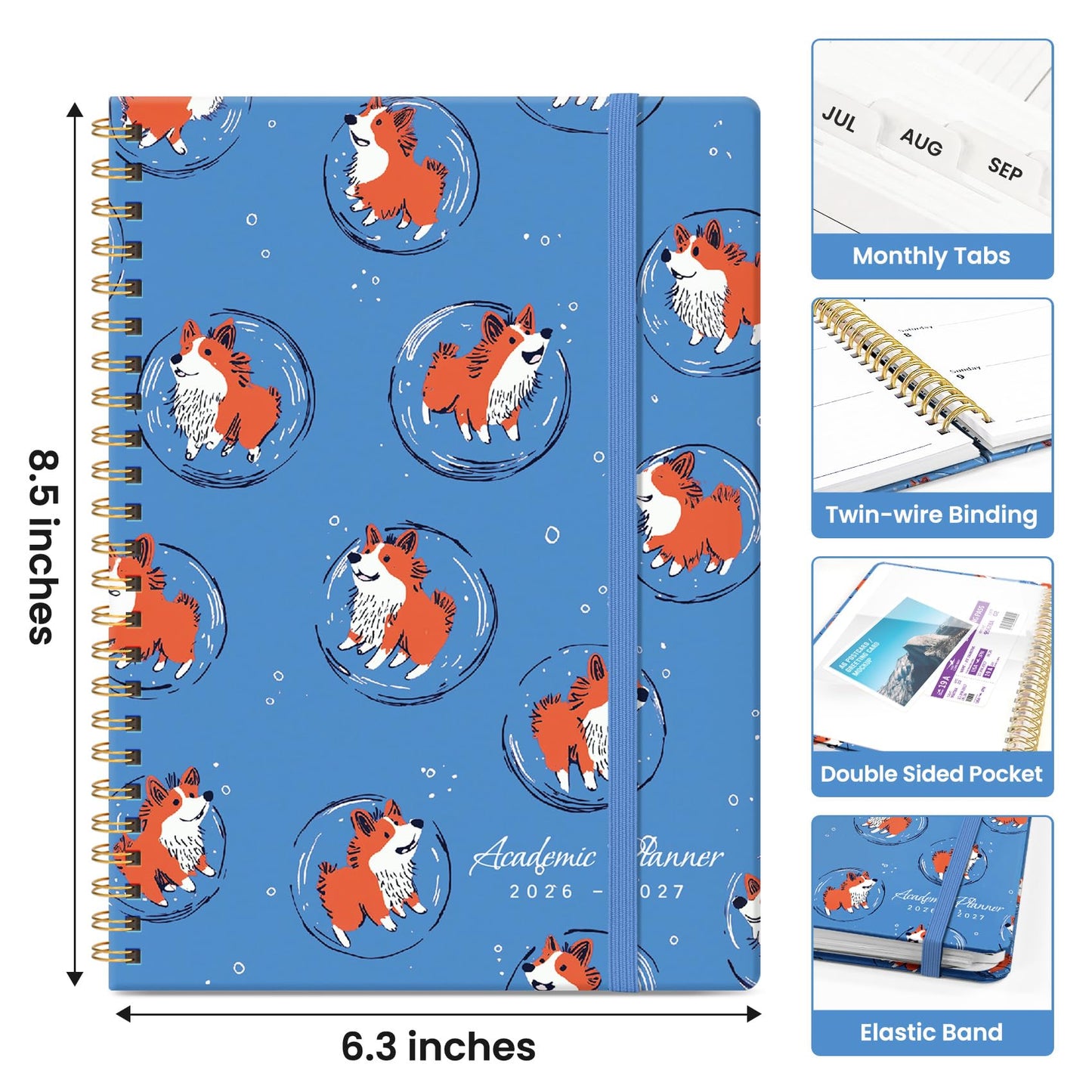 Planner 2026–2027, Weekly & Monthly Academic Organizer for School Year, Jul 2026–Jun 2027, Hardcover Planner with Tabs, Back to School Essential, 6.3" x 8.5", Cosmic Pups