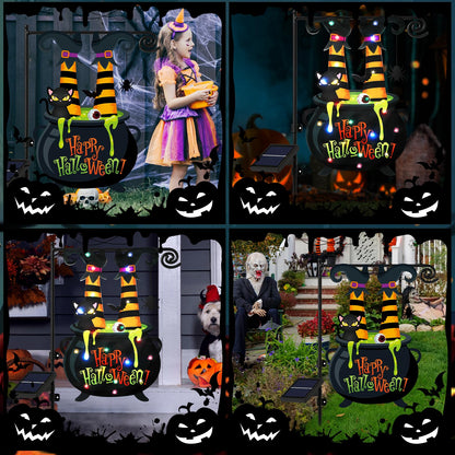 Halloween Lighted Garden Flag 12x18 Inch Witch Feet Shaped Flags 8 Modes Double Side LED Solar Yard Flags Cauldron Eyeball Black Cat Decorations for Garden Patio Yard Lawn Outside Home Decor