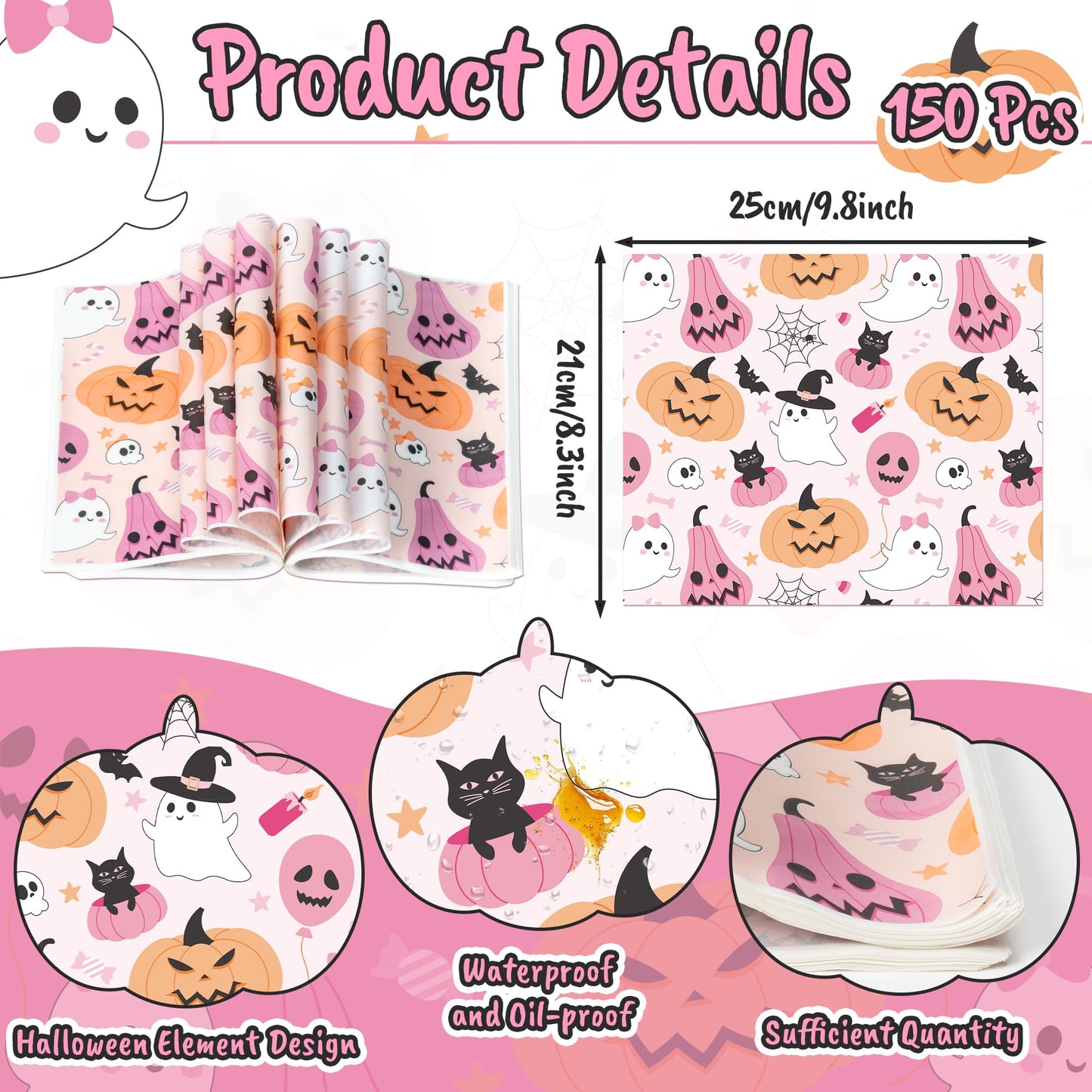 GROBRO7 Halloween Wax Paper Sheets - 150Pcs Pink Ghosts Pumpkins Bats Deli Papers, 9.8 x 8.3in Greaseproof Waterproof Food Wrap Disposable Sandwich Picnic Basket Liner Halloween Party Kitchen Supplies