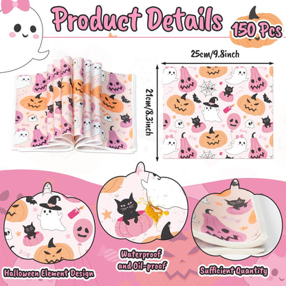 GROBRO7 Halloween Wax Paper Sheets - 150Pcs Pink Ghosts Pumpkins Bats Deli Papers, 9.8 x 8.3in Greaseproof Waterproof Food Wrap Disposable Sandwich Picnic Basket Liner Halloween Party Kitchen Supplies