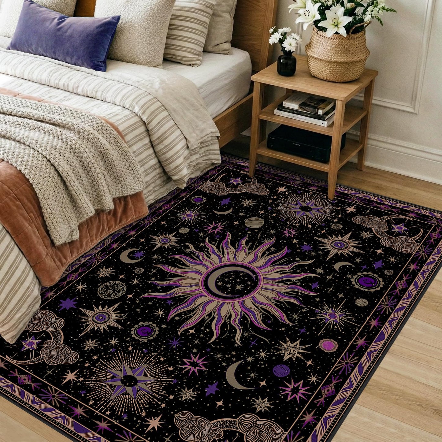 meejou 3x5 Area Rugs, Washable Vacuum-Friendly Non-Slip Rug Vintage Boho Gothic Sun and Moon Printed Pattern Low Pile Carpet for Living Room Bedroom Dining Room Hallway Entryway,Black Purple Beige