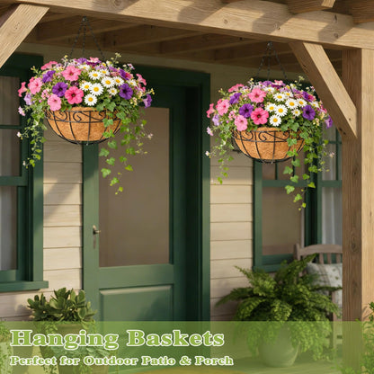 Qusuxi 4 Pack 14 Inch Hanging Baskets for Plants Outdoor Metal Hanging Planter Hanging Flower Baskets with Coco Fiber Liners Chain Round Wire Plant Holder Hangings Flower Pots(Plaid)