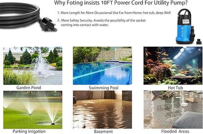 FOTING Sump Pump 1HP Clean/Dirty Submersible Water Pump,4600GPH Utility Pump Thermoplastic Electric Portable Transfer Water Pump for Swimming Pool Pond Basement with 10ft Power Cord,Manual