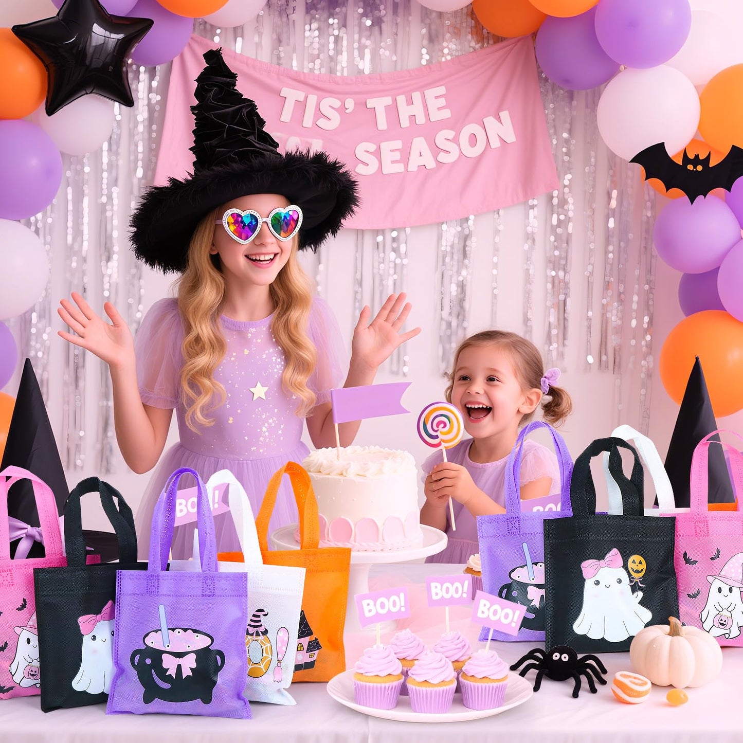 RSCPTOY 20pcs Pink Purple Girl Halloween Treats Bags - Cute Ghost Witch Cauldron NonWoven Candy Bag Gift Tote for Little Boo Baby Shower Party Supplies Summerween Party Decorations