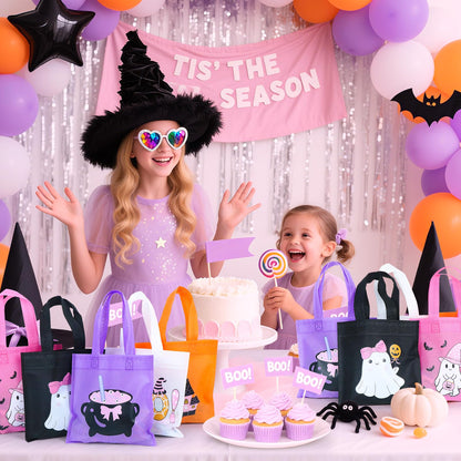 RSCPTOY 20pcs Pink Purple Girl Halloween Treats Bags - Cute Ghost Witch Cauldron NonWoven Candy Bag Gift Tote for Little Boo Baby Shower Party Supplies Summerween Party Decorations
