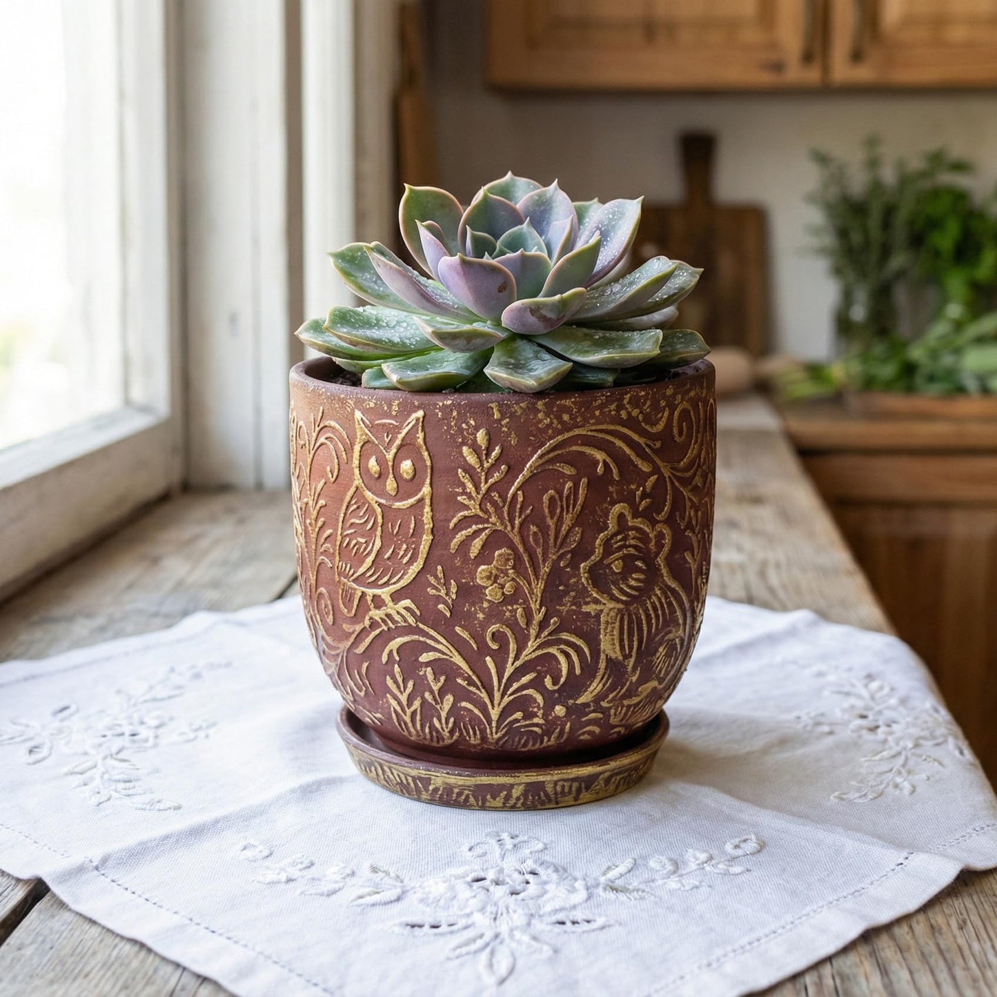 Decorative Ceramic Planter Pot with Saucer, Brown with Gold and Silver Owl Pattern, Indoor Garden Container with Drainage (G&S, 6 inch)