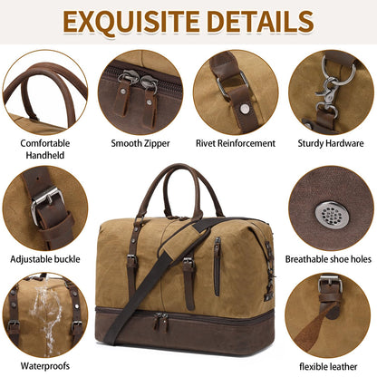 FENGDONG Weekender Bag Large Overnight Bag for Men Women Tote with Shoe Compartment Canvas Carry on Luggage Bag Travel Duffel Bag Brown
