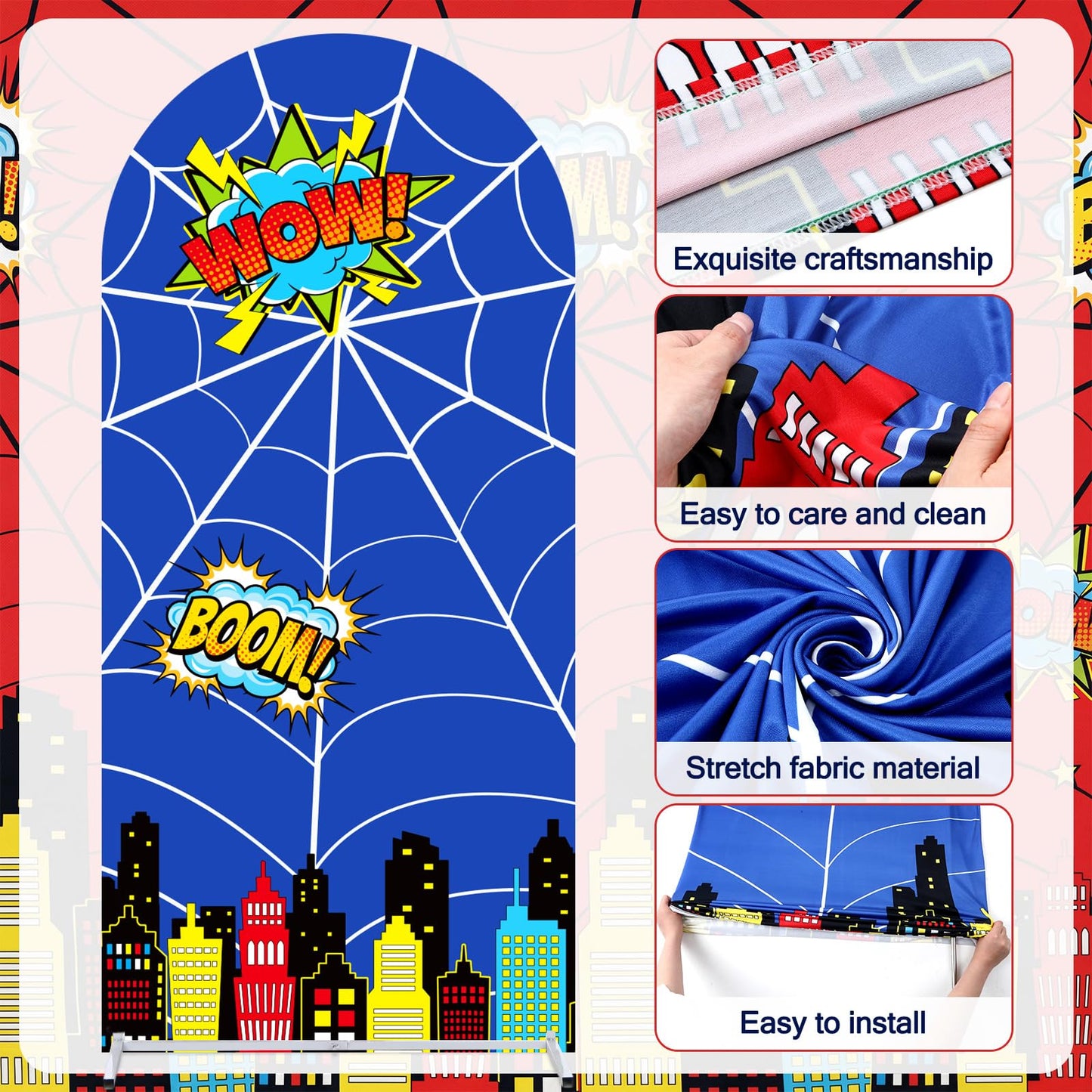 Outus 48 Pcs Spider Web Arch Backdrop Cover Balloons Skyscraper City Boxes Set 7.2ft/6ft Birthday Party Decorations for Photo Props Indoor Outdoor Cosplay Wedding Baby Shower Halloween Backdrop Decor