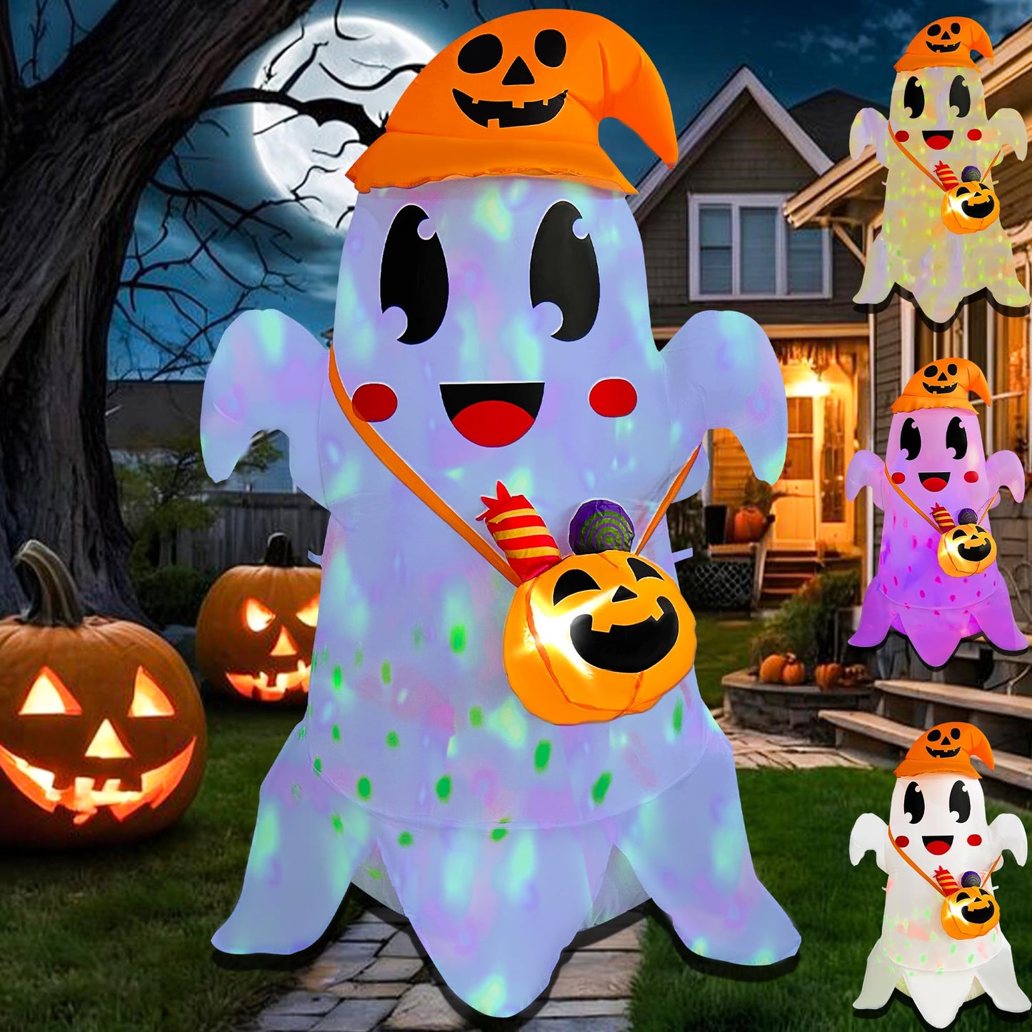 JOYEASE 5FT Halloween Inflatable Cute Ghost with Witch Hat Carrying Pumpkin Candy Can, Blow Up Spooky Ghost Decor Build-in LED Light for Holiday Yard Lawn Garden Decorations