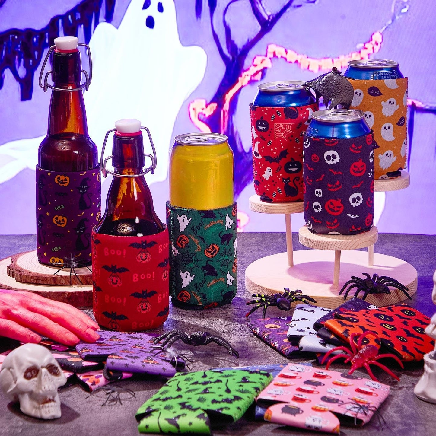Yiyiring 16 Pcs Halloween Beer Can Cooler Sleeves 12 oz Drink Can Cooler Reusable Neoprene Cold Drinks Bottle Sleeves with Witch Pumpkin Bat Ghost Pattern for Halloween Trick or Treat Party Supplies