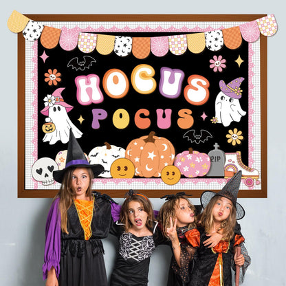 Pasimy Halloween Bulletin Board Decorations Set Halloween Theme Classroom Decor Spider Bat Ghost Pumpkin Cutouts with Borders for Home School Party Supplies (Hocus Pocus)