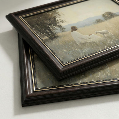 Dark Brown Framed Jesus And The Lamb Canvas Wall Art Jesus Leaves The 99 Sheep Wall Decor Picture Christian Bible Stories Poster Print Artwork for Church Living Room Bedroom Decoration