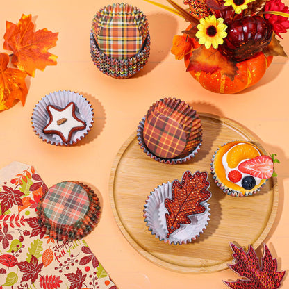 Whaline 600Pcs Fall Thanksgiving Cupcake Liners Plaid Baking Cups Autumn Muffin Cupcake Wrappers for Birthday Party Decor Supplies