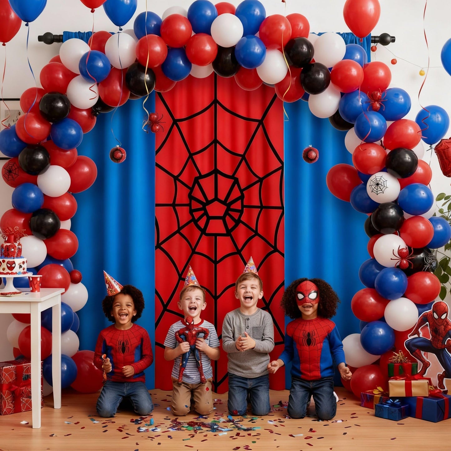 Boao 3 Pcs Spider Backdrop Birthday Decoration Spider Web Curtains 6.6 x 3.9 ft Photo Banner Window Decor for Party Photography Background Photo Props(Red and Blue Splicing)