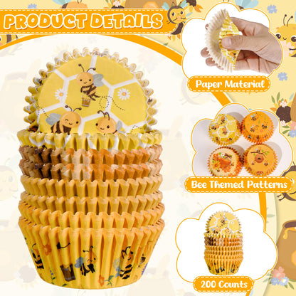 Glavatrix Bee Cupcake Liners, 200PCS Honey Bee Paper Baking Cups Yellow Muffin Cupcake Wrappers for Happy Bee Day Baby Shower Gender Reveal Spring Summer Garden Birthday Party Cake Dessert Decorations
