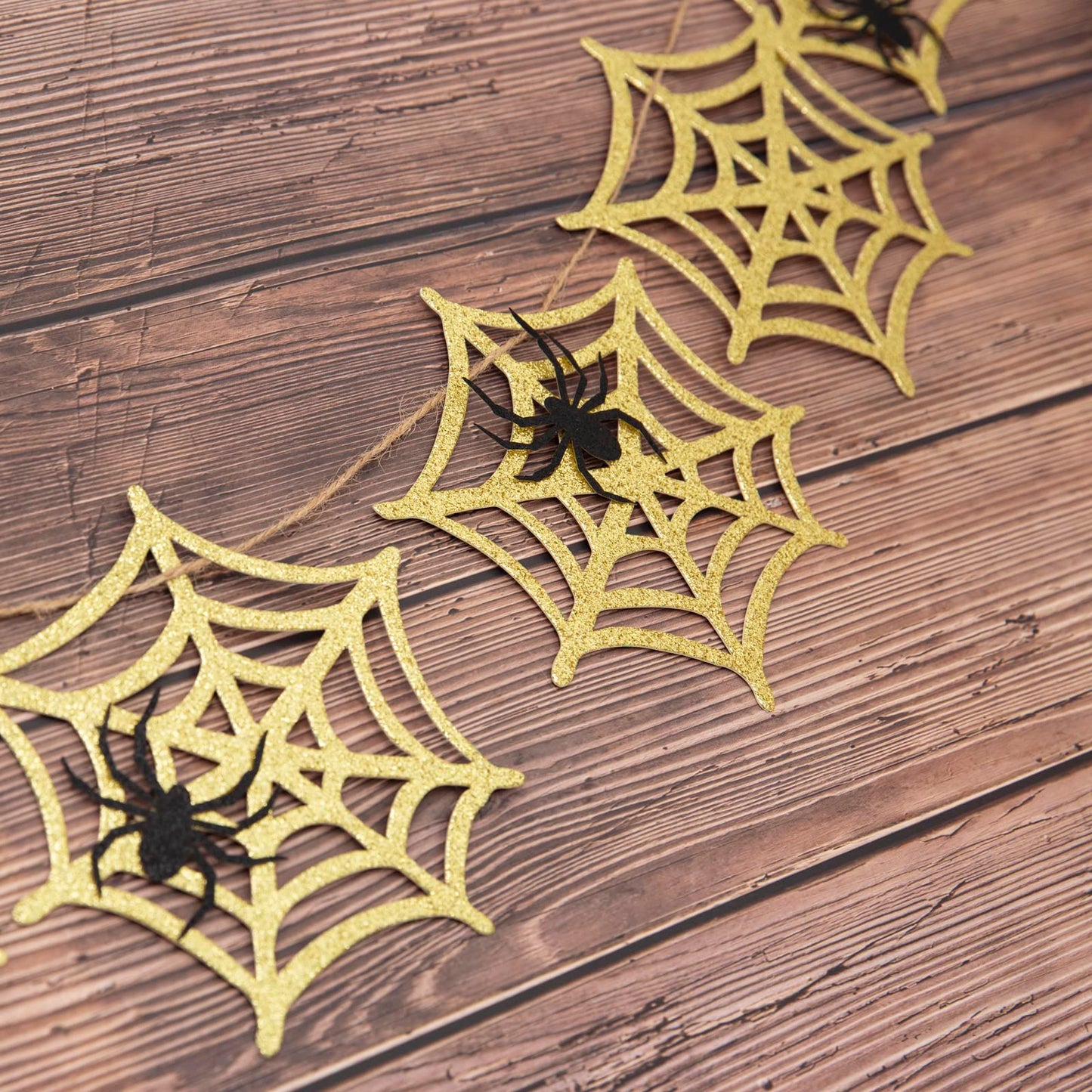 Halloween Spider Web Garland – Gold Glitter Spider Web Banner with Black Spider, Halloween Decoration Indoor, Spider Web Banner for Fireplace Mantle, Halloween Wall Decor Hanging Banner