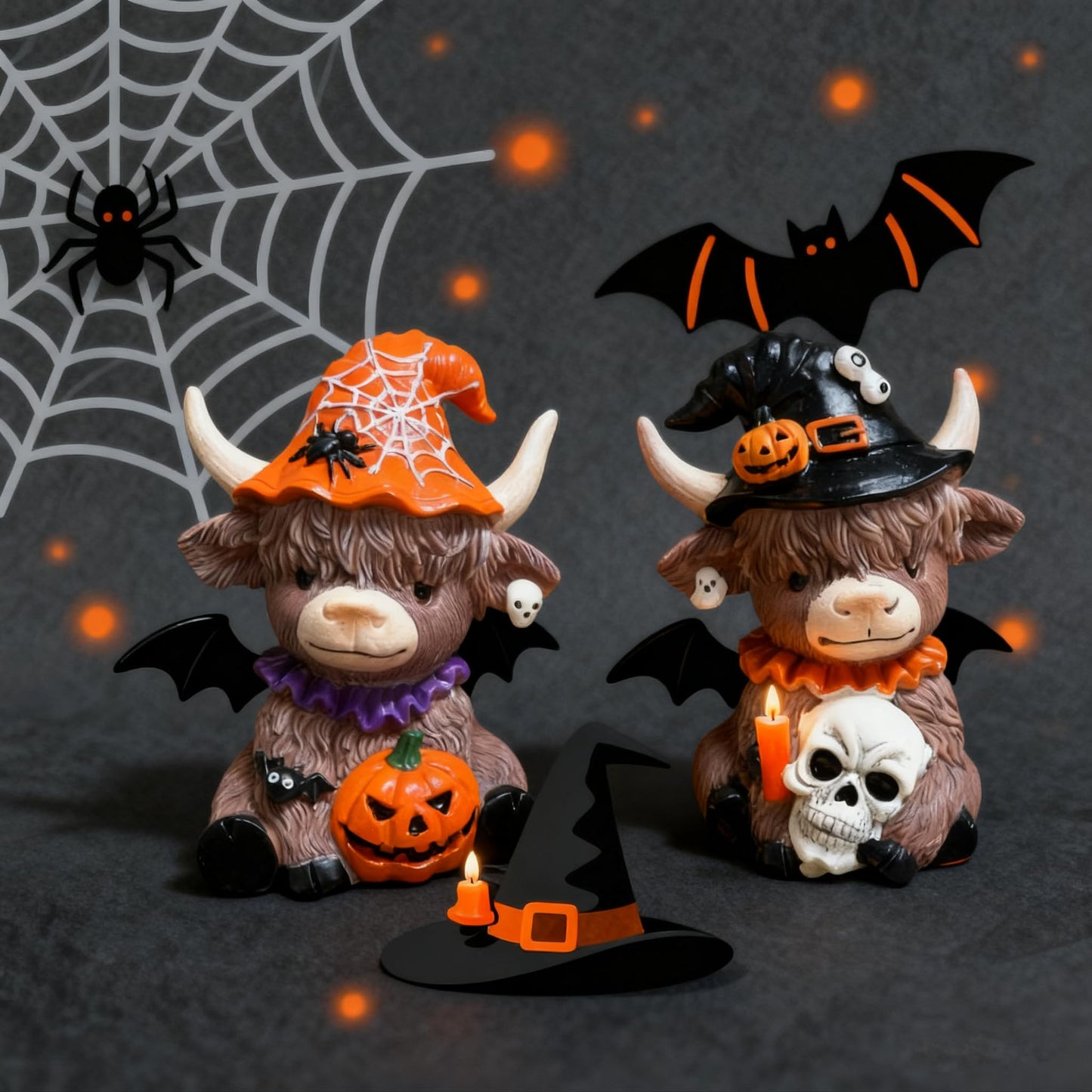 Bokynu Highland Cow Figurine Decor, Halloween Resin Highland Cow Statue Kitchen Decorations Indoor, Calf Lovers Gifts (2 Pcs)