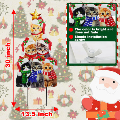 Cute cat Garden Insert, Christmas Art Decoration Yard Sign, Santa hat-Wearing Post, cat Stacking Fun Christmas Tree-Shaped pet Post, Outdoor Lawn Decoration