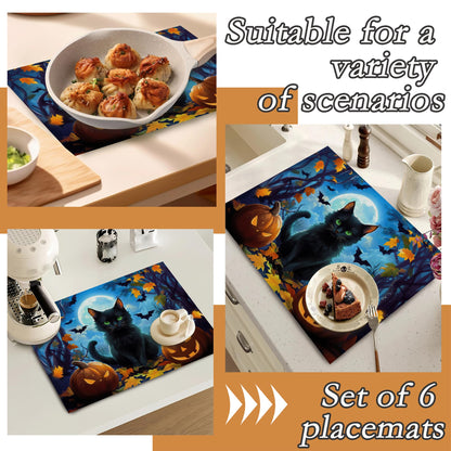 Black Cat Placemats Set of 6,Halloween Pumpkin Heat Resistant Non Slip Table Mats,Washable Wipe Clean Dining Placemats 12 x 18 Inches