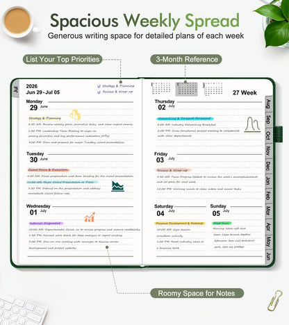Planner 2026-2027, Academic Weekly and Monthly Calendar Planner from July 2026 - June 2027, Hardcover Leather Daily Agenda Book with Tabs, College School Organizer for Student Teacher, A5 (5.75" x 8.38"), Green