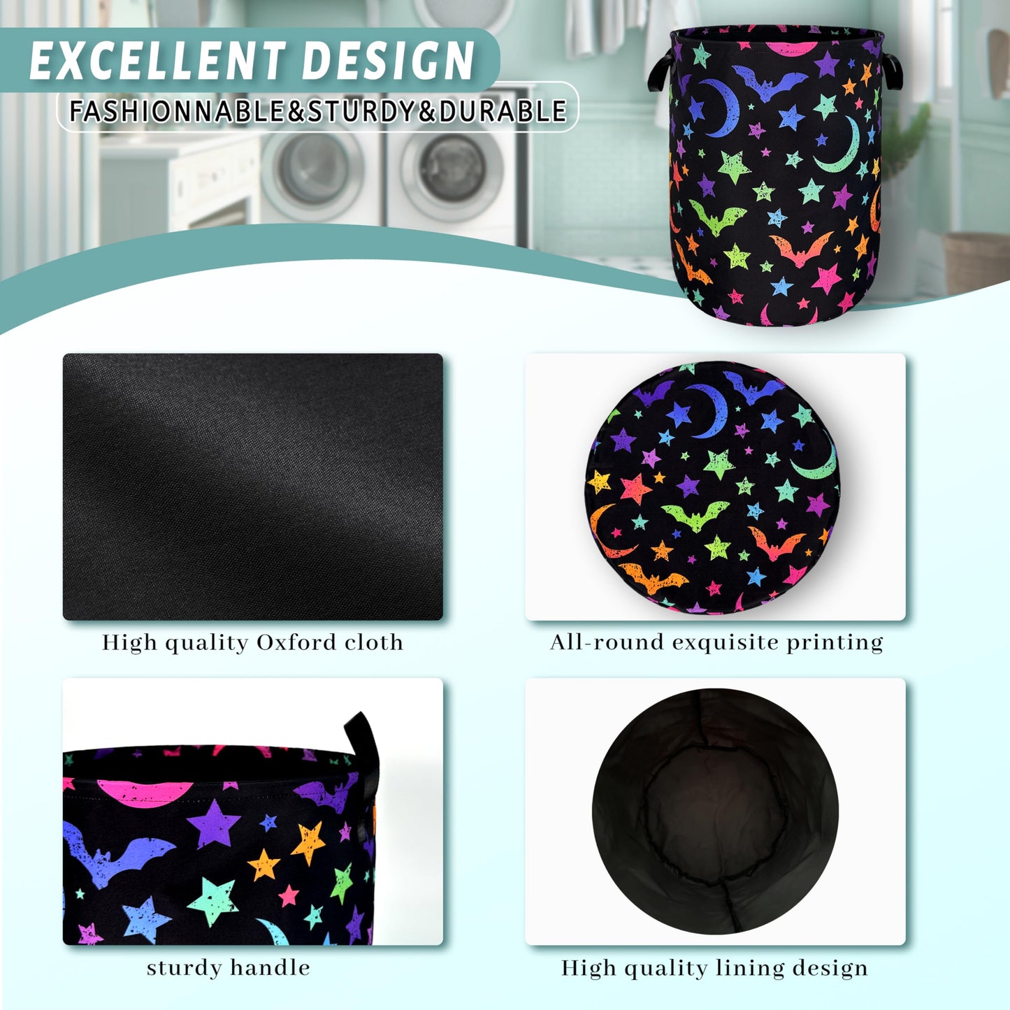 Colorful Bats Laundry Hamper Moon Stars Laundry Basket With Handles Foldable Oxford Cloth Goth Style Funny Tote Bag Clothes Toy Storage Bucket 18.9" x 16.5" For Bathroom/Laundry/Bedroom