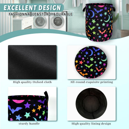 Colorful Bats Laundry Hamper Moon Stars Laundry Basket With Handles Foldable Oxford Cloth Goth Style Funny Tote Bag Clothes Toy Storage Bucket 18.9" x 16.5" For Bathroom/Laundry/Bedroom
