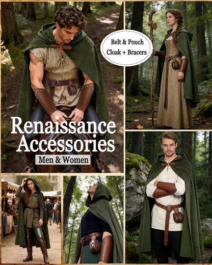 kasahara Renaissance Hooded Cloak Medieval Costume Accessories for Men Women Halloween Costume Cape Belt Pouch Bracers