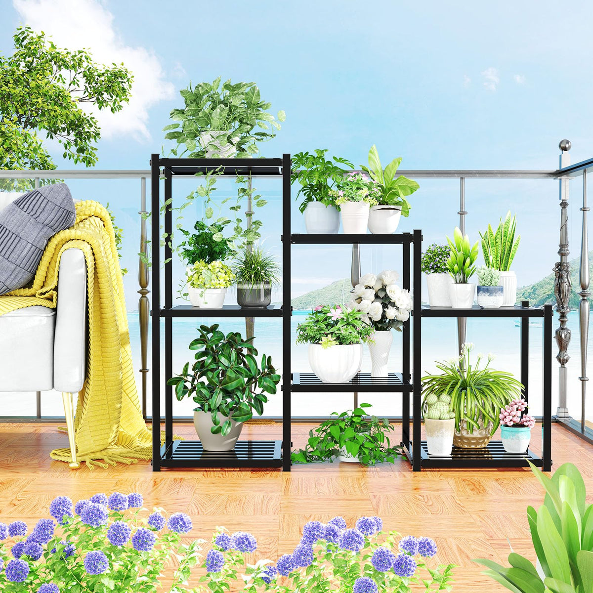 Simple Trending Plant Stand Indoor Outdoor, Heavy Duty Metal Waterproof 7 Tiered Plant Shelf for Multiple Flower Planter Holder Tall Large Rack, Black
