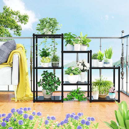 Simple Trending Plant Stand Indoor Outdoor, Heavy Duty Metal Waterproof 7 Tiered Plant Shelf for Multiple Flower Planter Holder Tall Large Rack, Black