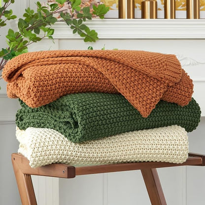 Chunky Cable Knit Throw Blanket Lightweight Burnt Orange 100% Organic Cotton Blanket for Sofa Couch Bed Baby Nursery, Rustic Shabby Chic Modern Farmhouse, 60” x 80” Give Laundering Bag