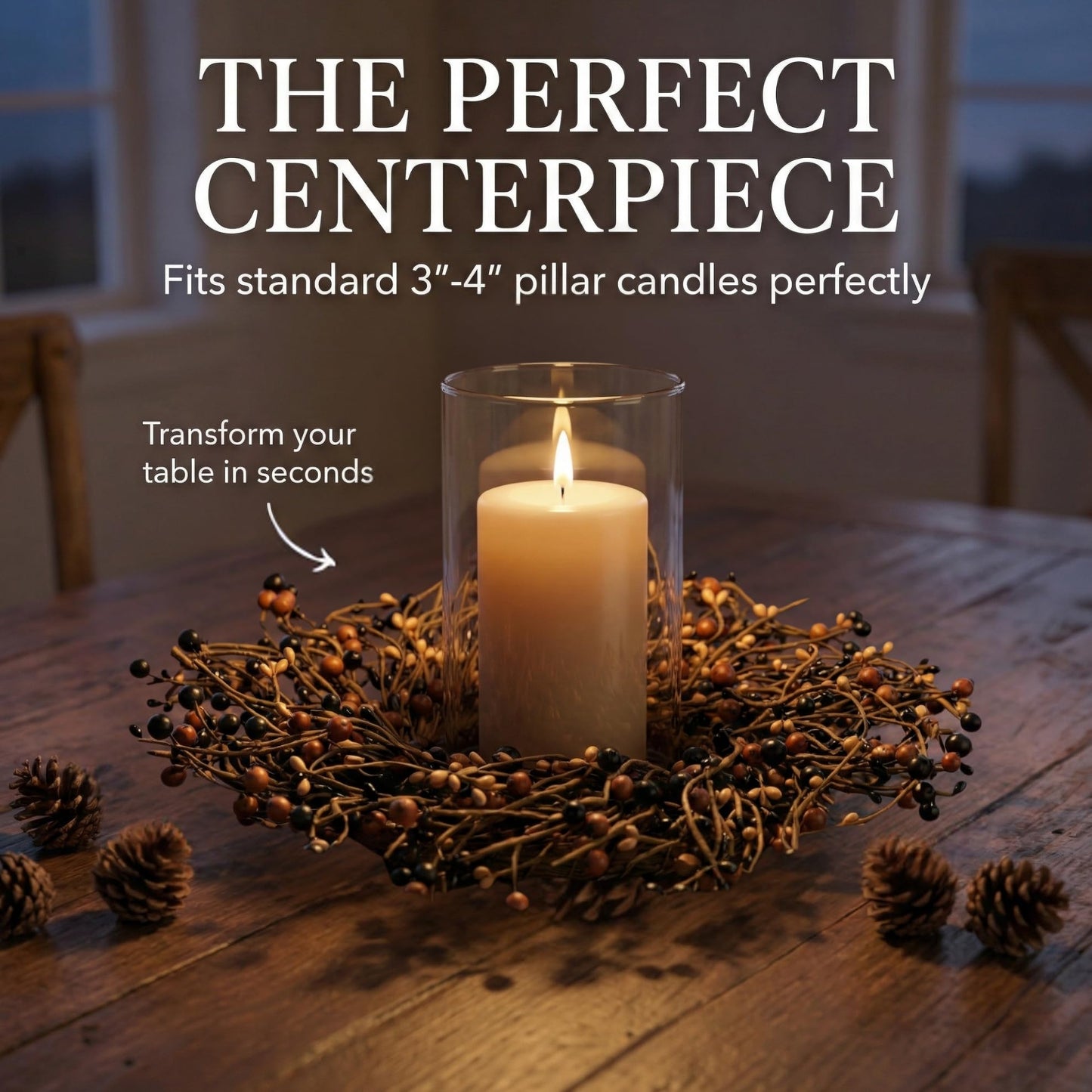 Quixem 15" Black & Tan Pip Berry Candle Ring (4.5" Inner), Primitive Rustic Artificial Mini Wreath for 3" Pillars, Farmhouse Kitchen Decor, Halloween & Everyday Centerpiece